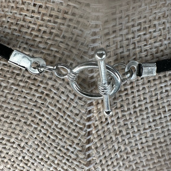 Blue/Rainbow Flash Labradorite Flower Pendant on Silver Bail and Faux Suede - Picture 6 of 15